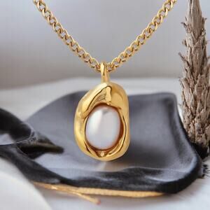 NEW 18K yellow gold plated freshwater pearl necklace chain jewelry B22B